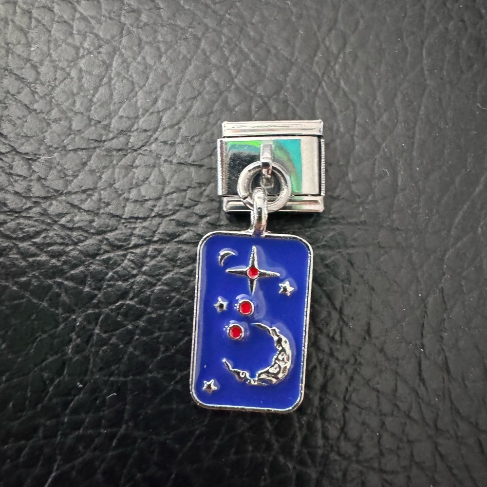 Blue Crescent Moon and Stars Italian Charm Dangle Link